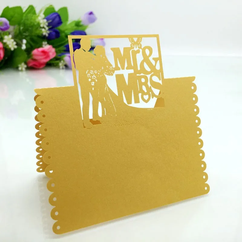 Оптовая продажа 100 шт. позолоченные открытки для свадебного стола Мистер миссис