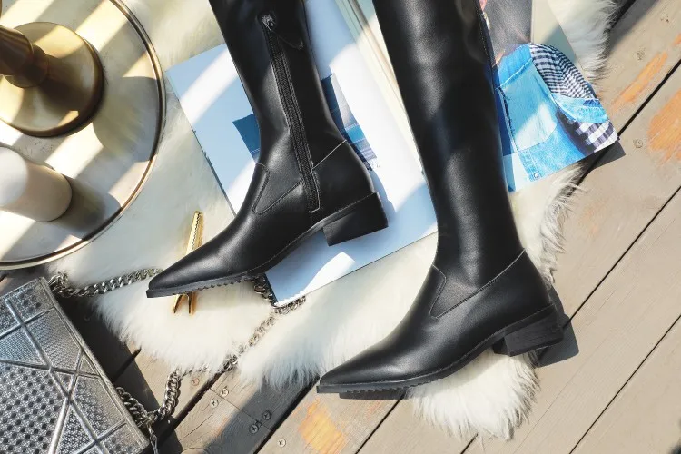 MLJUESE women over the knee boots cow leather slip on autumn spring low heel pointed toe boots high boots size 34-43