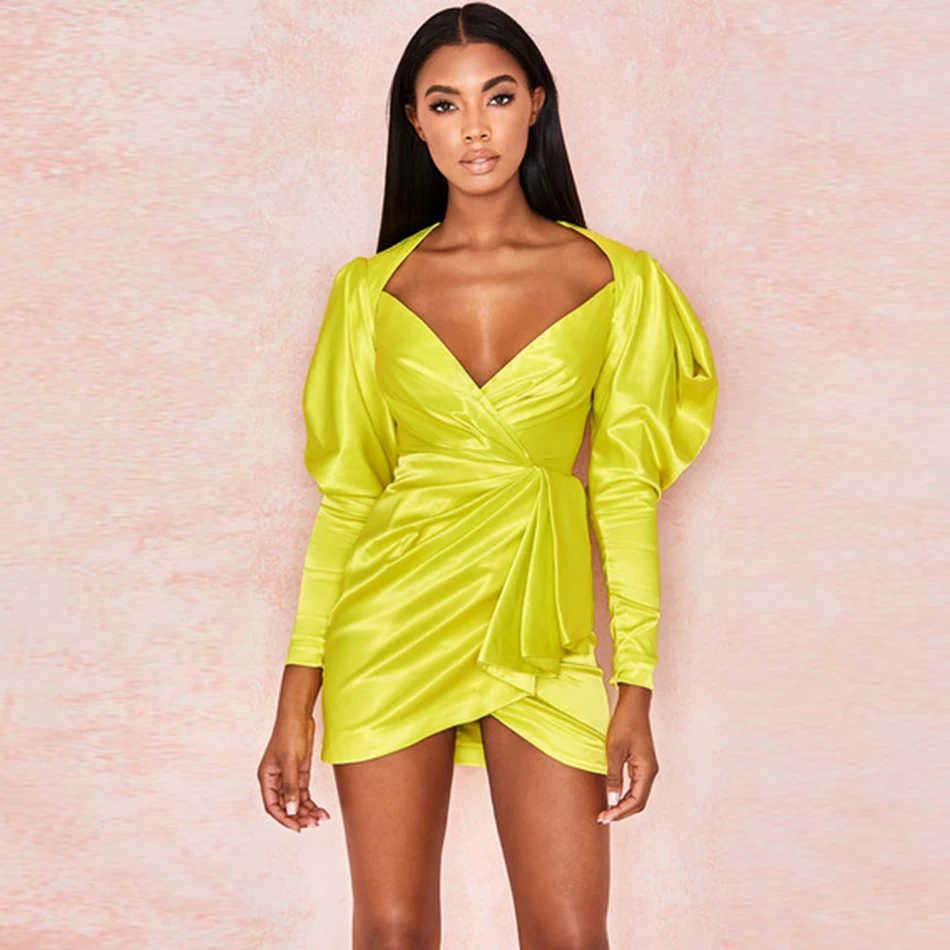 Сексуальное платье с v образным вырезом и рукавами фонариками высокое качество