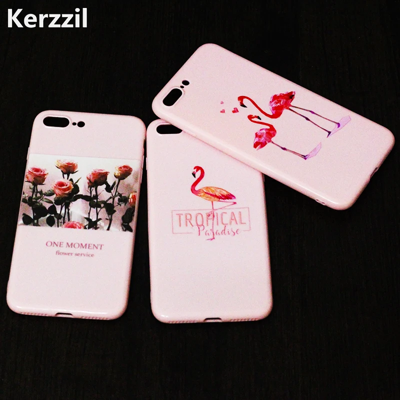 Kerzzil Cute Glossy Love Heart Phone Case For iPhone 8 7 Flamingos Cactus Flower Soft Back Cover iphone7 6 6S PLus |