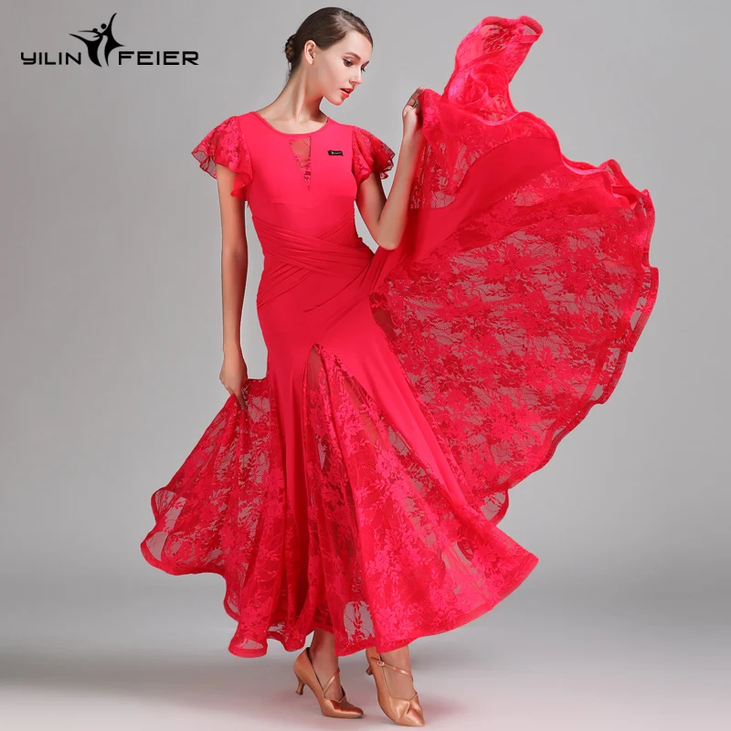 YILINFEIER modern dance skirt dress S7012 national standard lace ballroom long | Тематическая одежда и униформа