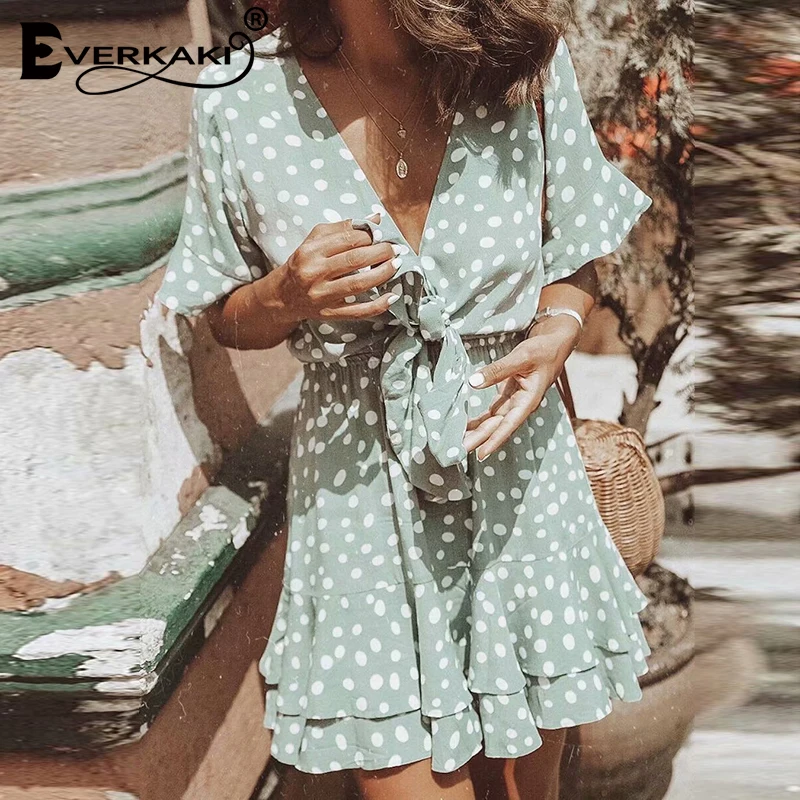 Everkaki Boho платье в горошек с принтом мини женское эластичной резинкой на талии v