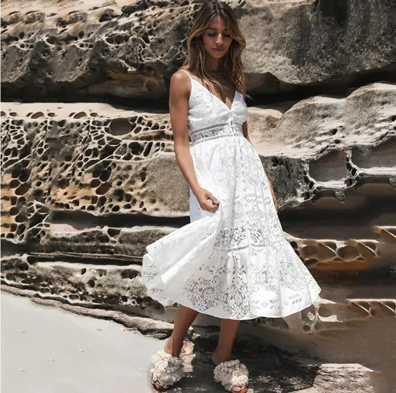 Летнее платье с v образным вырезом Женская Кнопка для ремешка повседневное белое