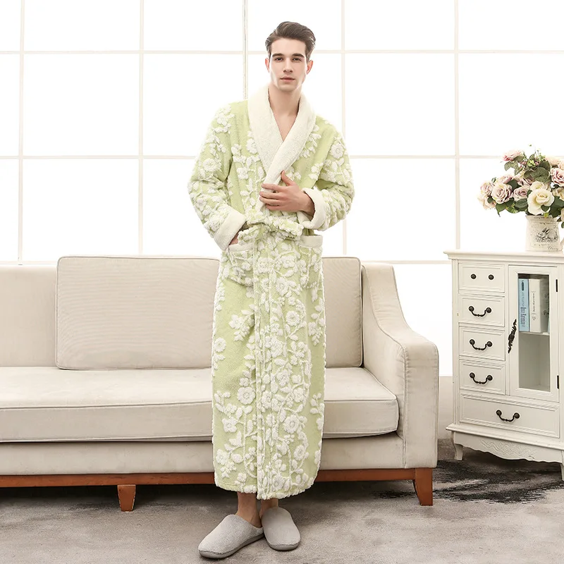 Men-Green Роскошный наружный жаккардовый фланелевый Халат для мужчин и женщин, толстый теплый зимний халат для мужчин и женщин, домашний халат с отворотами и цветами - Цвет: Men-Green