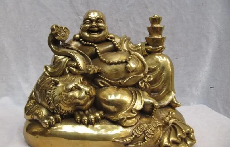 Китайский Превосходный латунный Yuan Bao Ru Yi Maitreya смех Будда сидеть на Тигре мешок