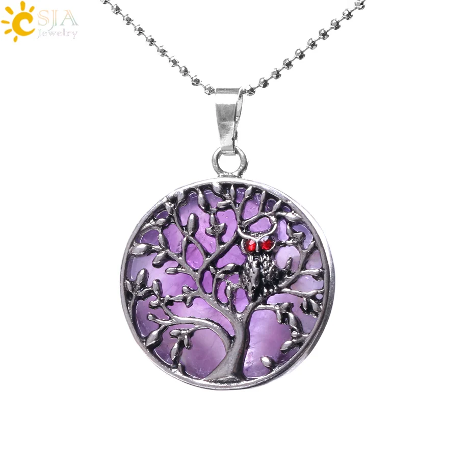 Amethyst Chain CSJA, ожерелья и подвески из натурального камня, древнее серебро, полое Дерево жизни, круглые плоские бусины, кулон для женщин и мужчин, ювелирные изделия F165 - Окраска металла: Amethyst Chain