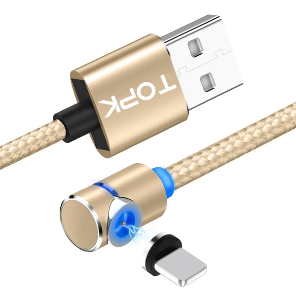 TOPK 2 м 90 градусов Магнитный кабель, нейлоновый светодиодный Micro USB кабель и usb type-C USB C кабель для iPhone samsung huawei Xiaomi htc sony - Цвет: Gold Cable