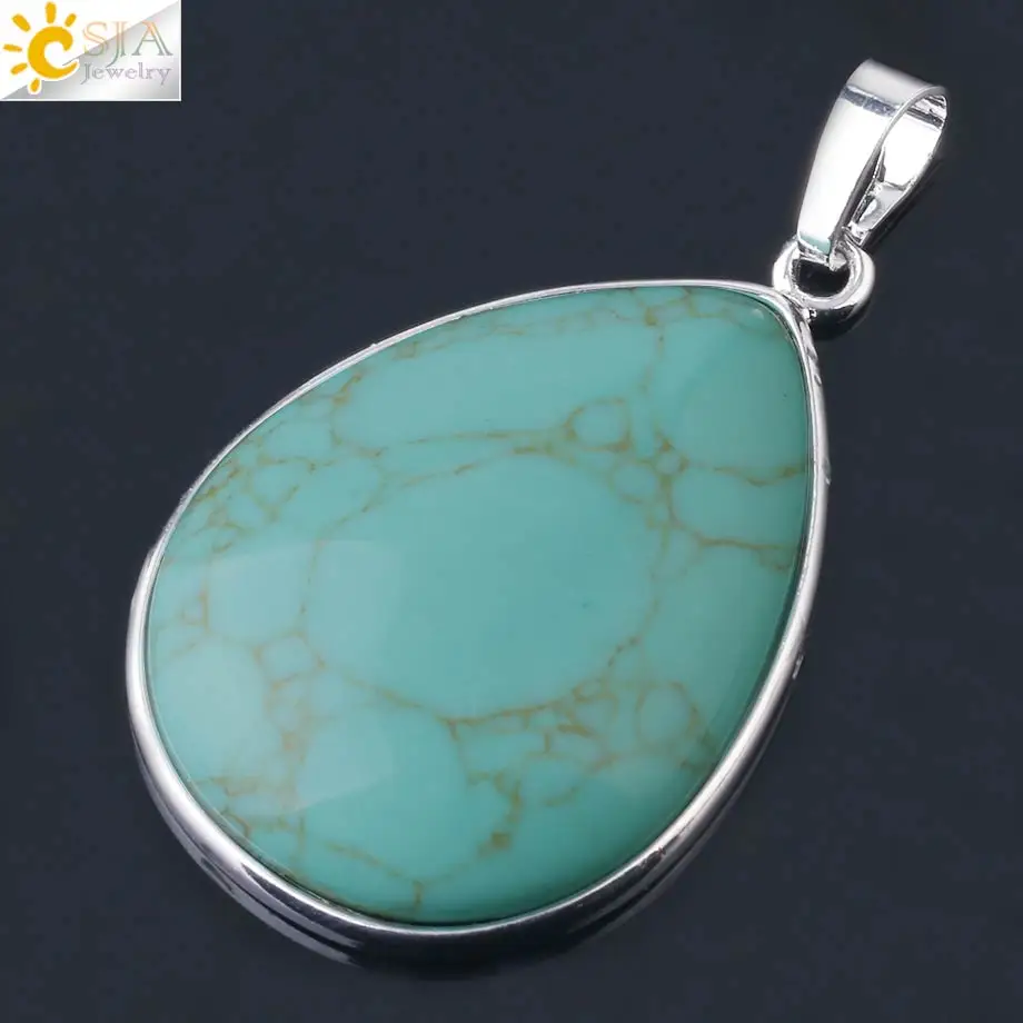 Turquoise Pendant CSJA подвески из натурального камня тигровый глаз розовый кварц Фиолетовый Кристалл Lapis ОЖЕРЕЛЬЕ капли воды плоские бусины для женщин Исцеление ювелирные изделия F982 - Окраска металла: Turquoise Pendant