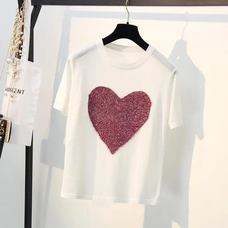 Heart Embroidery Women Sweaters Ice Cool Rayon Woman Pullovers 2019 Thin Knitting Tops O-neck Short Sleeve Tees White | Женская одежда
