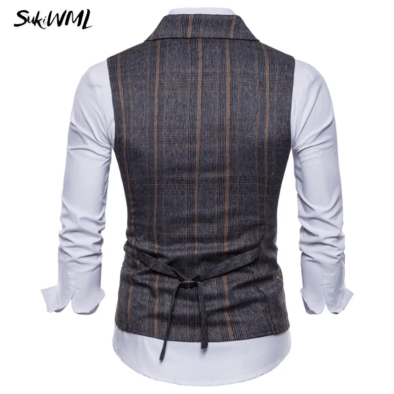 SUKIWML Coletes Masculino Social 2018 Новый клетчатый двубортный жилет приталенный мужской