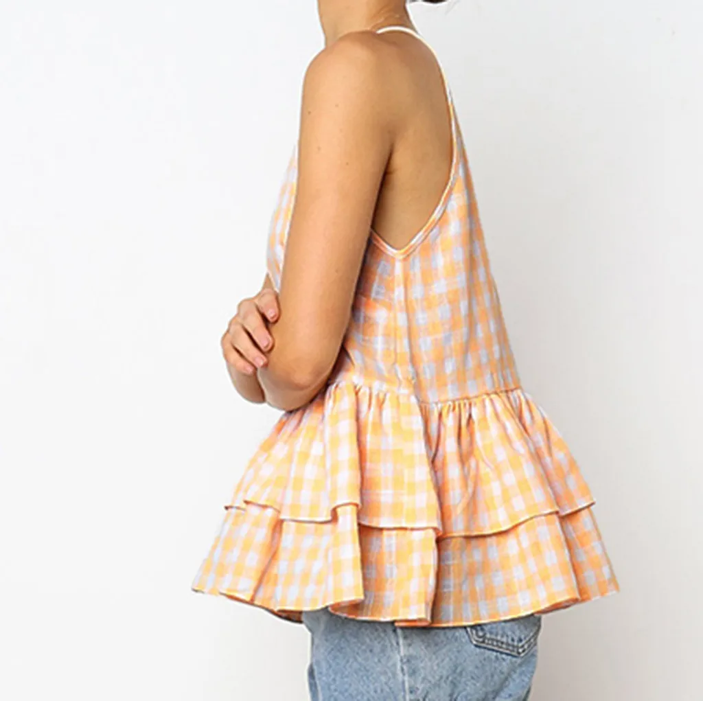 Sexy Tops Women Casual Plaid Ruffles Short Sleeveless Tank Top T Shirt Vest Blouse Camisole Clothing Summer Beach |