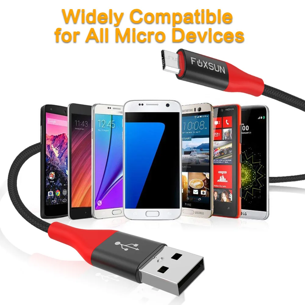 Кабель Micro USB Foxsun в нейлоновой оплетке для быстрой зарядки зарядный кабель 2 0 шнур