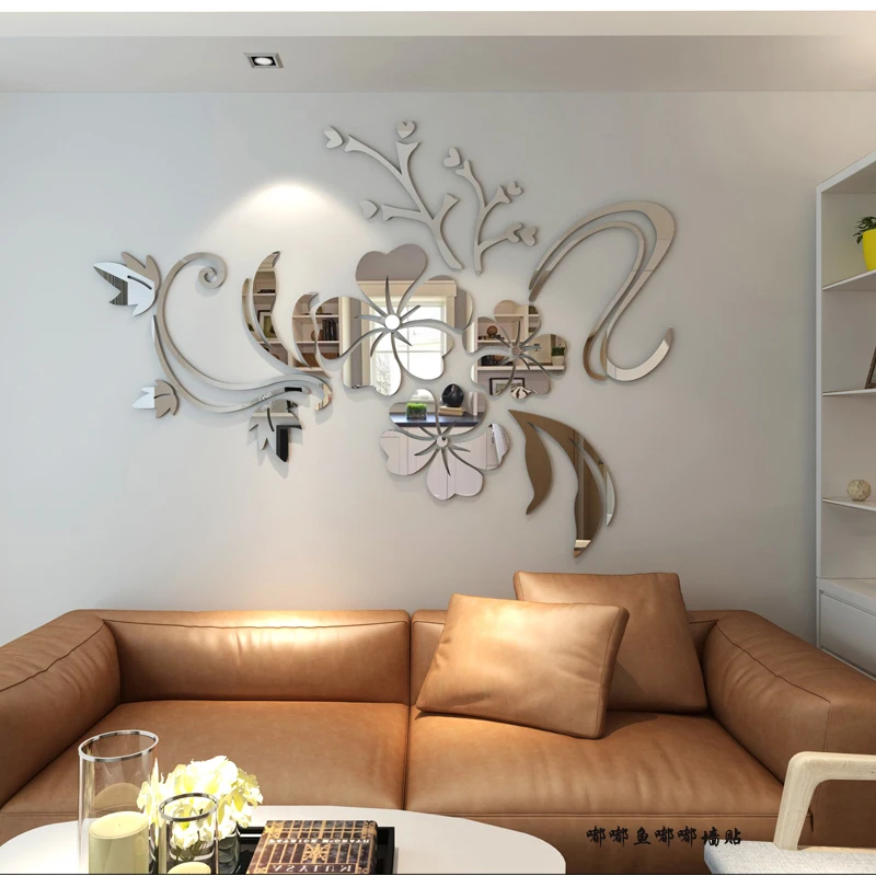 Hot sell DIY spring nature hibiscus flower mirror decorative wall sticker home decor 3d wall decoration room decals mural