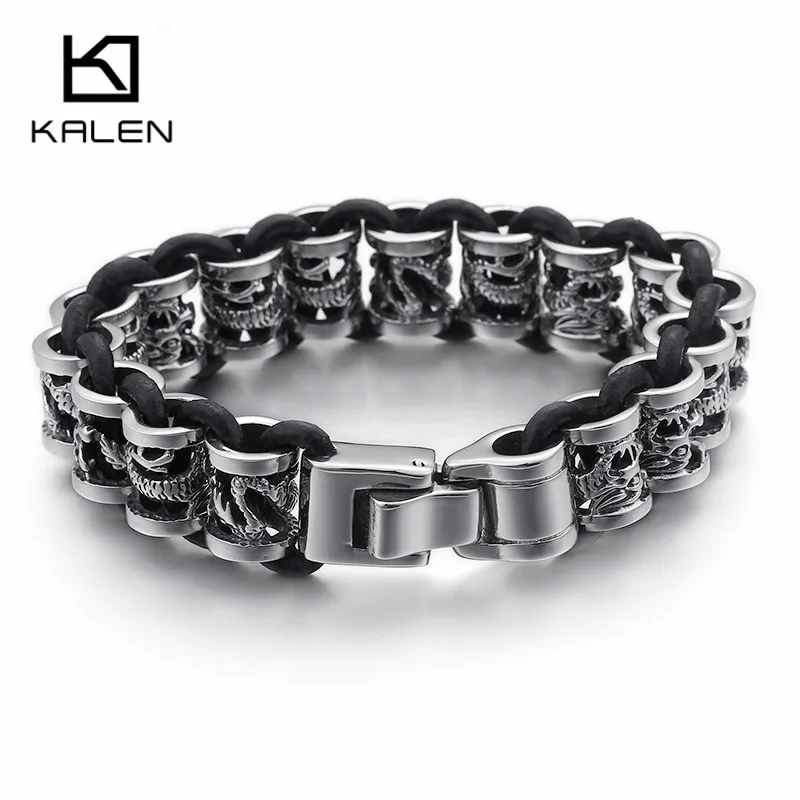 Браслет Kalen с изображением дракона 316L из нержавеющей стали и кожи для мужчин Шарм