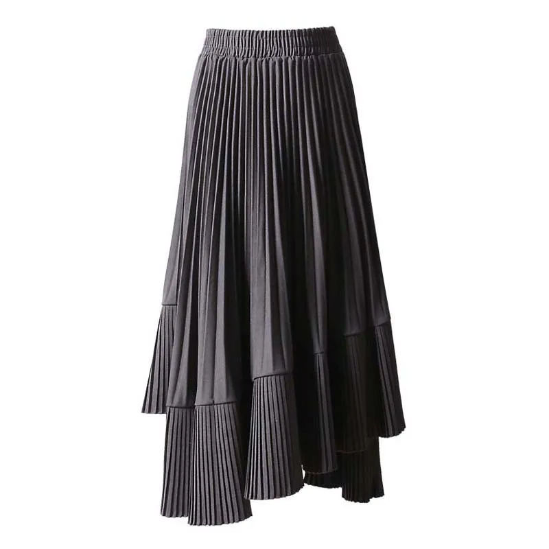 gray TWOTWINSTYLE Весенняя Корейская юбка для женщин с высокой талией Асимметричная миди эластичная плиссированная юбка женская Повседневная модная одежда - Цвет: gray