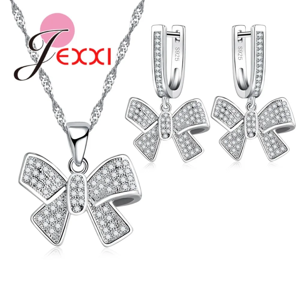 

925 Sterling Silver Jewelry Set for Women Wedding Engagement Bowknot Clear Zircon Necklace Earrings Set Ladies Bijoux