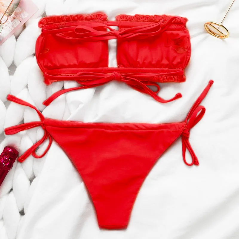 Peachtan Sexy pink swimwear women bathing suit Bandeau bikinis mujer Micro swimsuit female Push up two-piece suit summer