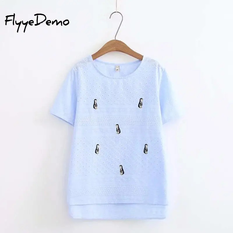 4XL размера плюс с рисунком пингвина вышивкой Женские топы коротким рукавом 2020
