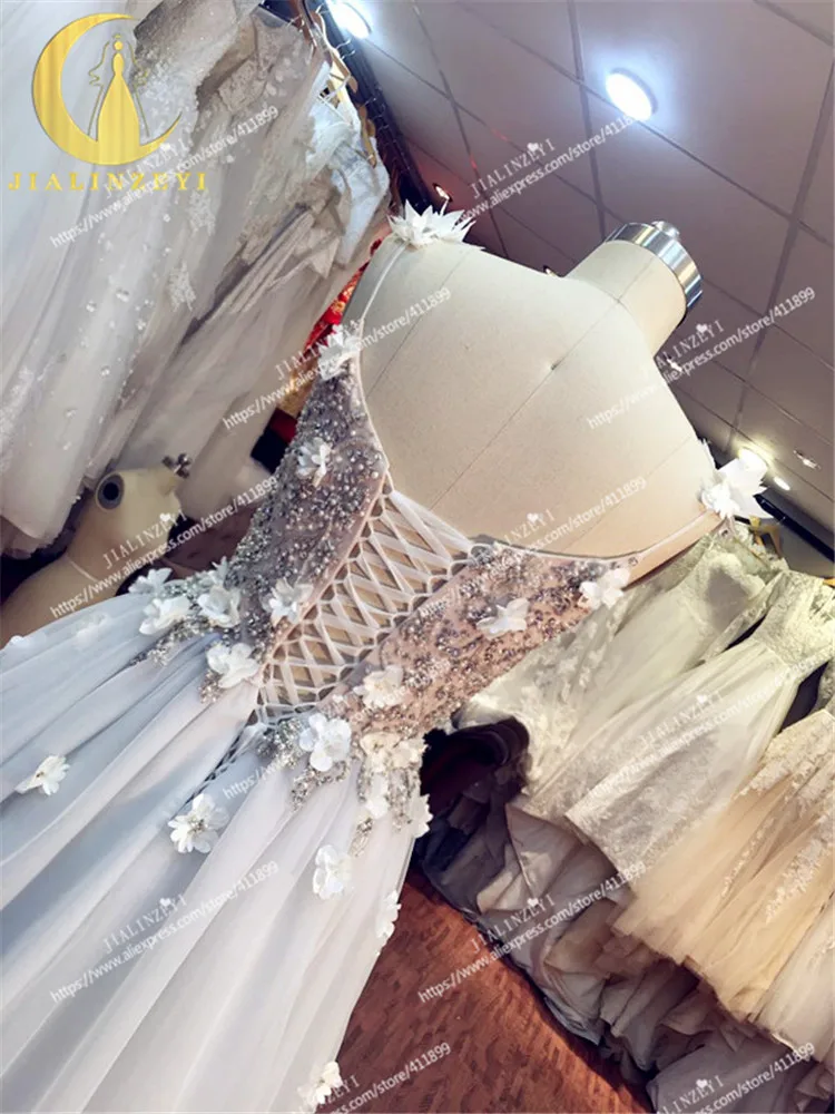 JIALINZEYI Real Image Sample Sexy Sexy V Neck Light Grey Crystal Flowers Tulle A-line Fashion party dresses evening dress 2020