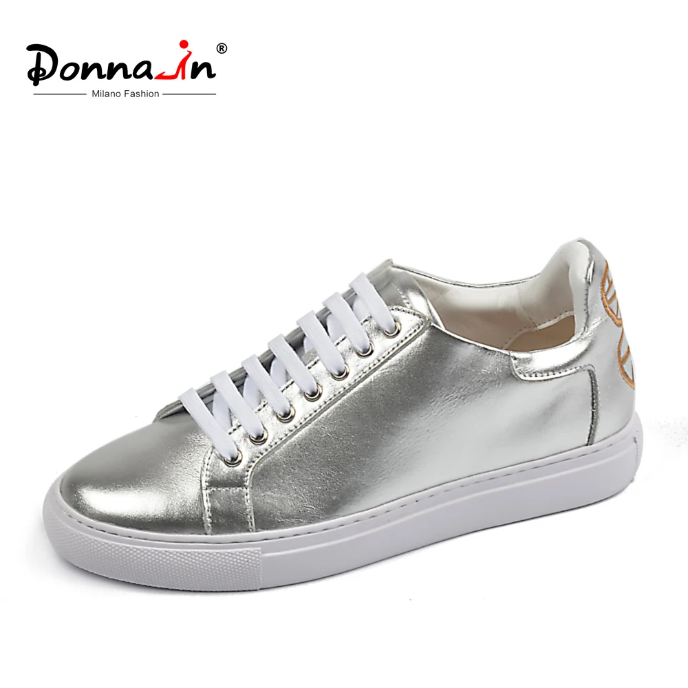 Donna-in/обувь на плоской подошве; женские кроссовки; цвет белый, серебристый; натуральная кожа; низкий каблук; шнуровка; круглый носок; повседневная женская обувь высокого качества