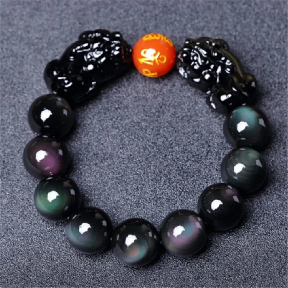 Модный 10 мм натуральный Радужный глаз черный обсидиан пиксиу браслет мужские