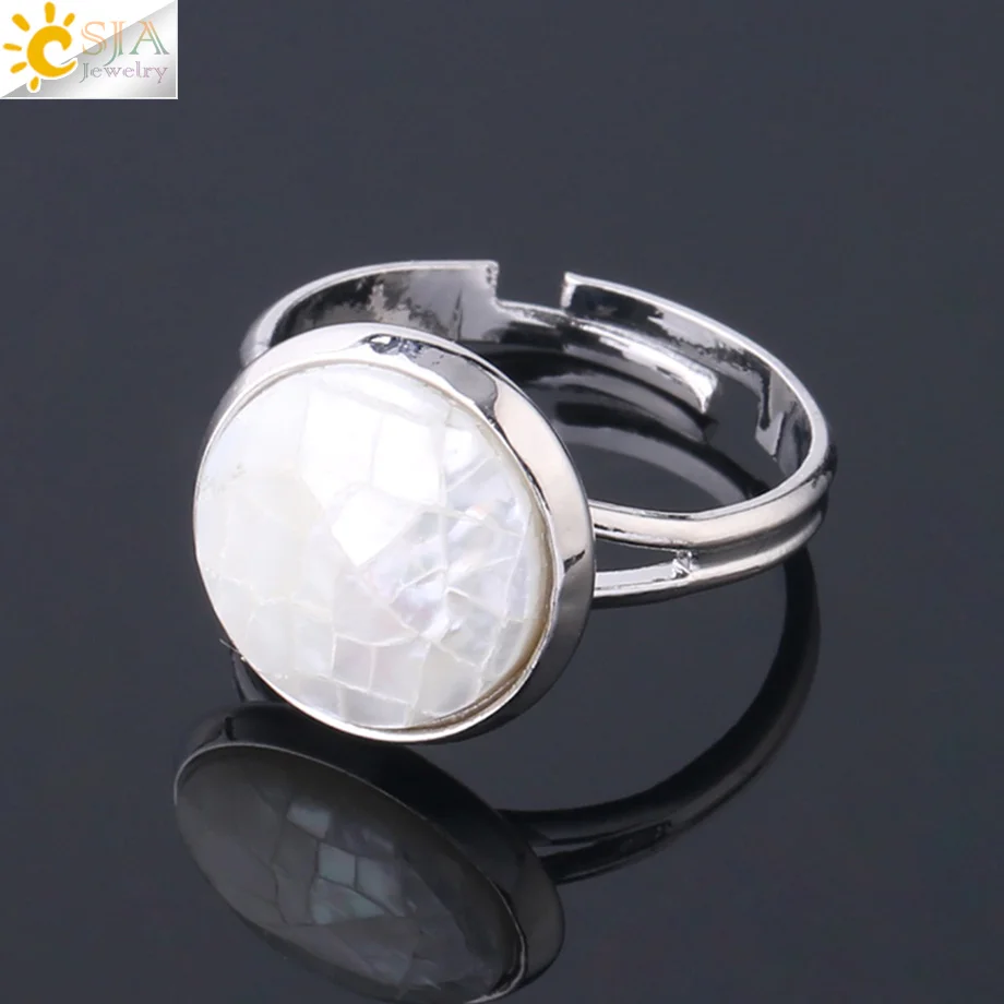 White Shell CSJA, круглое кольцо из натуральной морской раковины, розовое, белое, красочное, Abalone Shell, регулируемые женские кольца на палец, вечерние, на каждый день, летние ювелирные изделия F904 - Цвет основного камня: White Shell