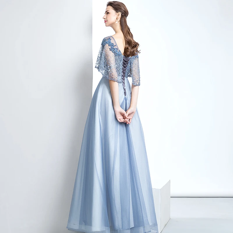 Ssyfashion Новый Банкетная элегантный серый синий кружевное вечернее платье с