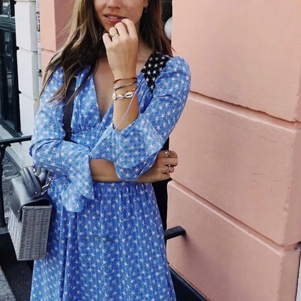 Винтаж boho Принт звезды длинное платье женщины рюшами Длинные рукава с v образным