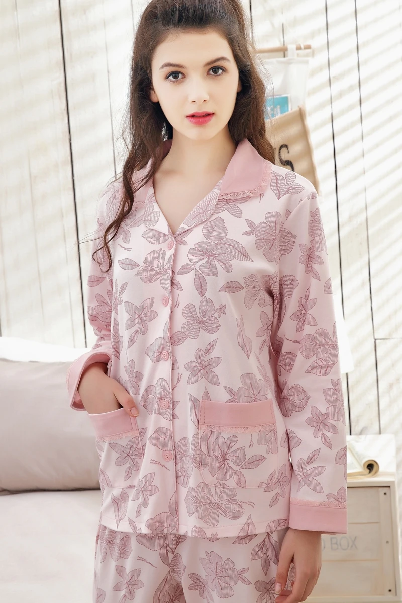 

New Arrival Fashion Spring Autumn Cotton Long Sleeve Pajama Women Full Length Pajamas For Women Set Comfortable Size MLXLXXLXXXL