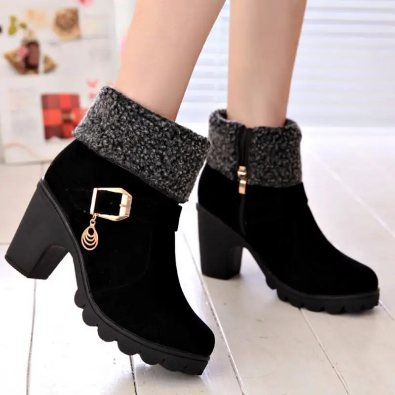 Gladiator Women Half Short Snow Boots Square Heels Thickened Fur Winter Warm Mid Calf Botas Zip Shoes Footwear Size 35-40 | Обувь