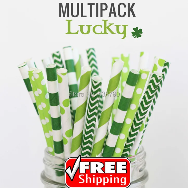 

250pcs Mixed 5 Designs LUCKY Paper Straws, Kelly Green and Lime Green Chevron, Striped, Polka Dot, Sailor Stripe, Party Supplies