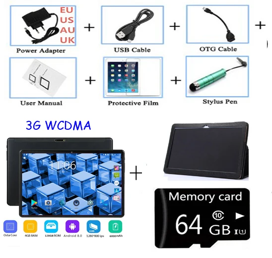 3G add leather case 10 дюймовый планшет, PC, четыре ядра, Android 8,0 Wi-Fi Bluetooth с двумя сим-картами 4G планшеты LTE 10,1 4 Гб Оперативная память 128 Гб Встроенная память 64 GB Оперативная память подарочная карта - Комплект: 3G add leather case