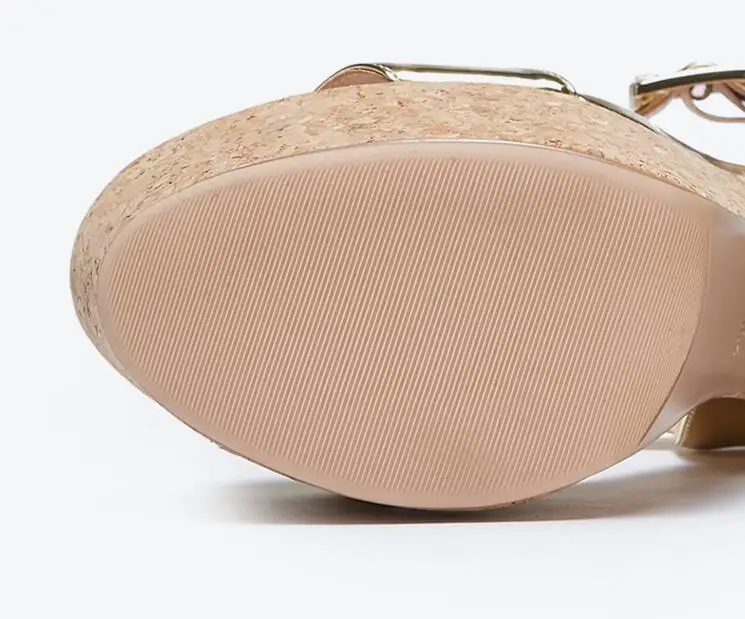 Sandalias Mujer; коллекция года; кожаные босоножки на деревянной платформе золотистого цвета; летние туфли на высоком каблуке с вырезами и ремешком; туфли-лодочки с открытым носком для ночного клуба и банкета