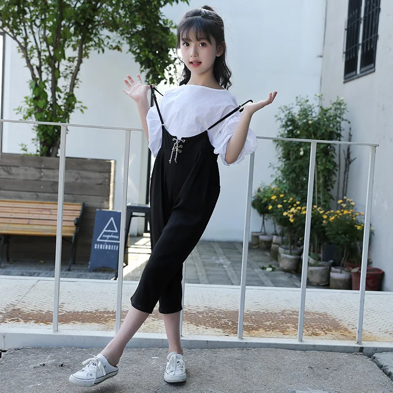 

2018 Fashion Kids Girls Clothes Summer Girls Chiffon T- Shirt +Cotton Pants 2PCS Children Clothing Set For 4 6 8 10 12 14 Years