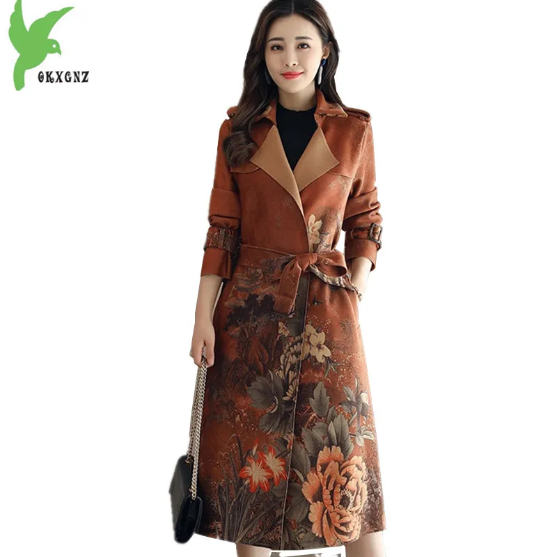 

New Women Windbreaker Deerskin Suede Print Coats Autumn Fashion Long Section Trench Coat Plus Size Slim Female Coats OKXGNZ 1495