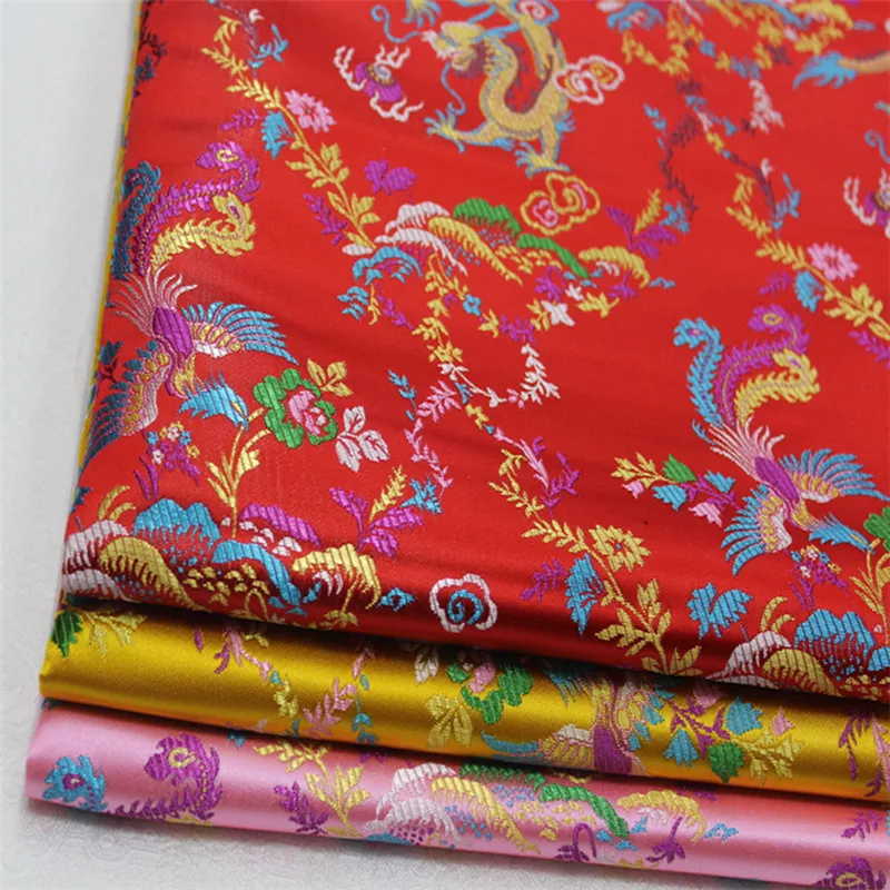 

CF522 Red/Golden/Pink Dragon & Phoenix Embroidered Brocade Fabric Chinese Silk Stain Fabric For Chinese Couple's Wedding Clothes