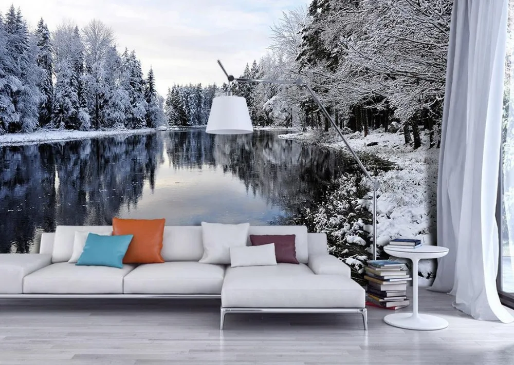 Озёр и Снежный лес пейзаж фон 3d обои фрески для гостиной|landscape backdrops|wallpapers for living