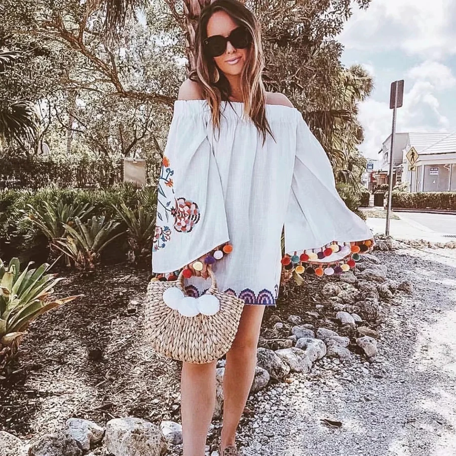 TEELYNN Boho white blouse for women floral Embroidery sexy off shoulder summer flare long sleeve blouses blusas |