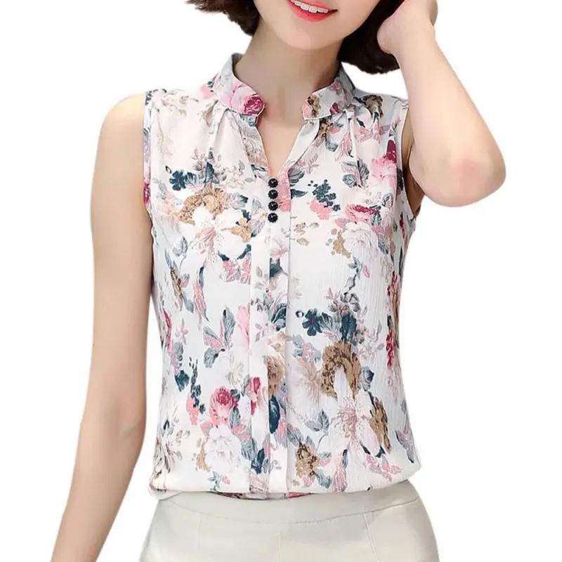 Женская шифоновая блузка без рукавов с V образным вырезом|blusas fashion|chiffon print blouseprinted