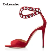 sexy metal studs red high heels sandals women peep toe evening shoes stiletto heels ladies summer studded shoes large size 2022