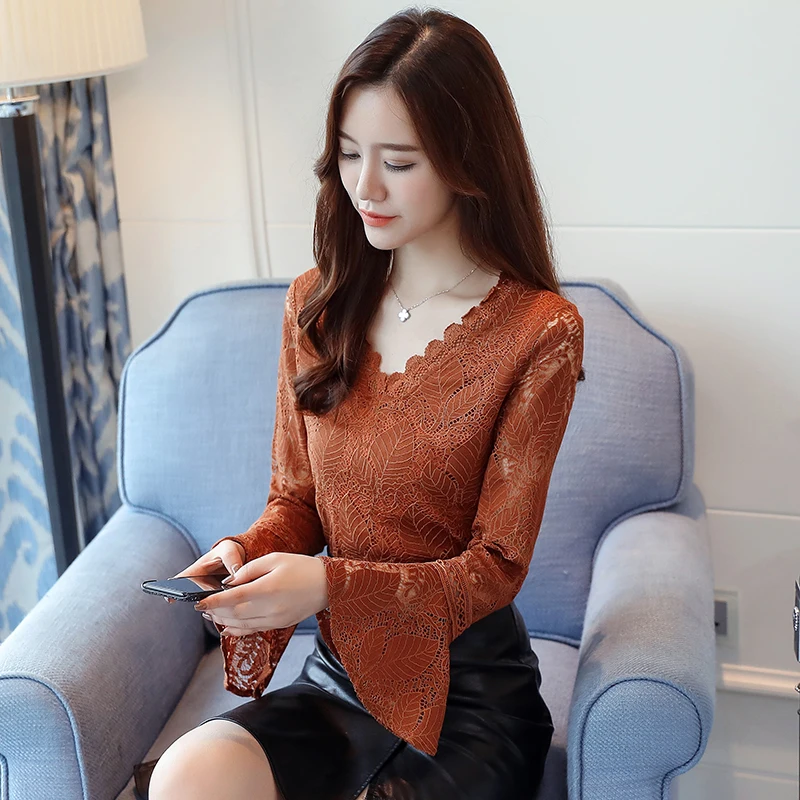 130# Autumn Clothing Horn Sleeve Hook Flower Hollow Lace Long Woman Blusas Femininas Blouse 2 Pieces Vadim Tops Womens |