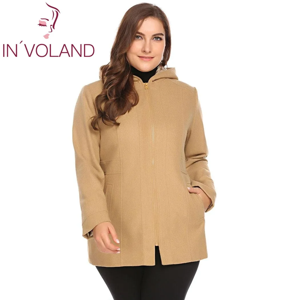 IN'VOLAND размера плюс женское Шерстяное Пальто L-5XL теплое зимнее с капюшоном однотонное с длинным рукавом на молнии тонкое пальто большой размер