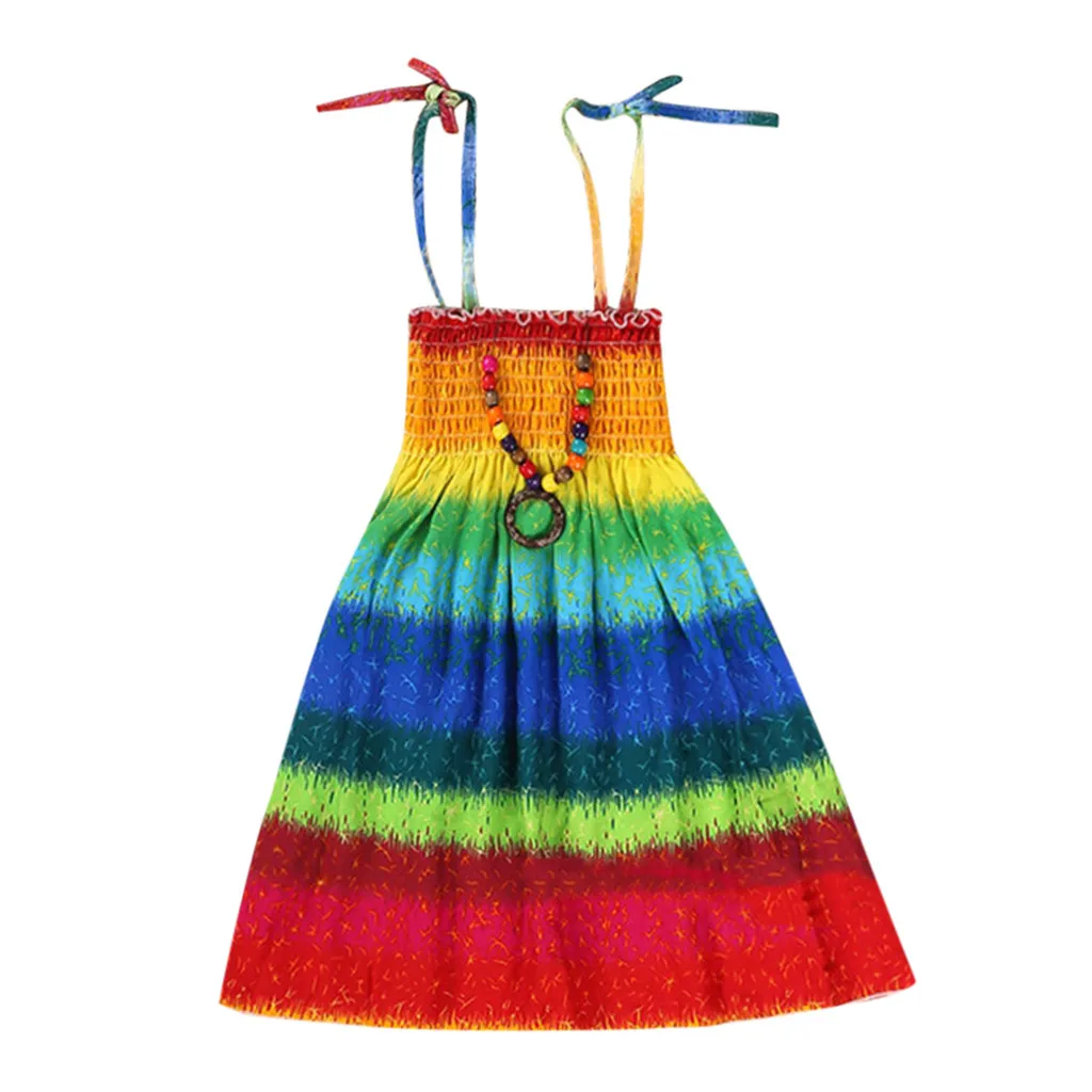 Multicolor Детские платья с круглым вырезом для девочек; Летние Детские платья в радужную полоску для девочек; модное нарядное платье без рукавов для маленьких девочек - Цвет: Multicolor