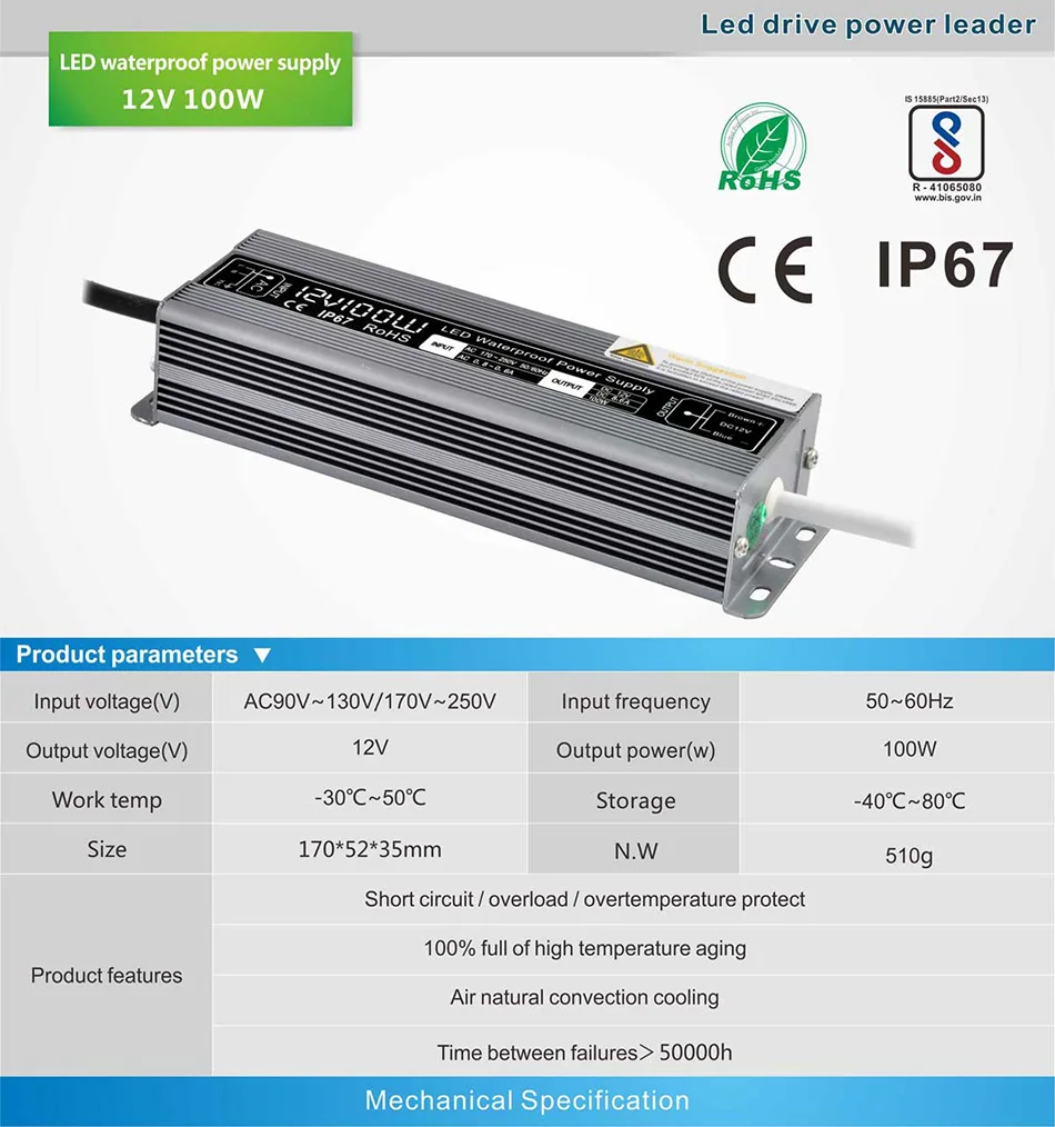 

IP67 100W AC 100V - 250V to DC 12Vdc 8.3A DC 24V 4.2A led strip lighting transformer 3 years warranty CE Rohs EMC LVD