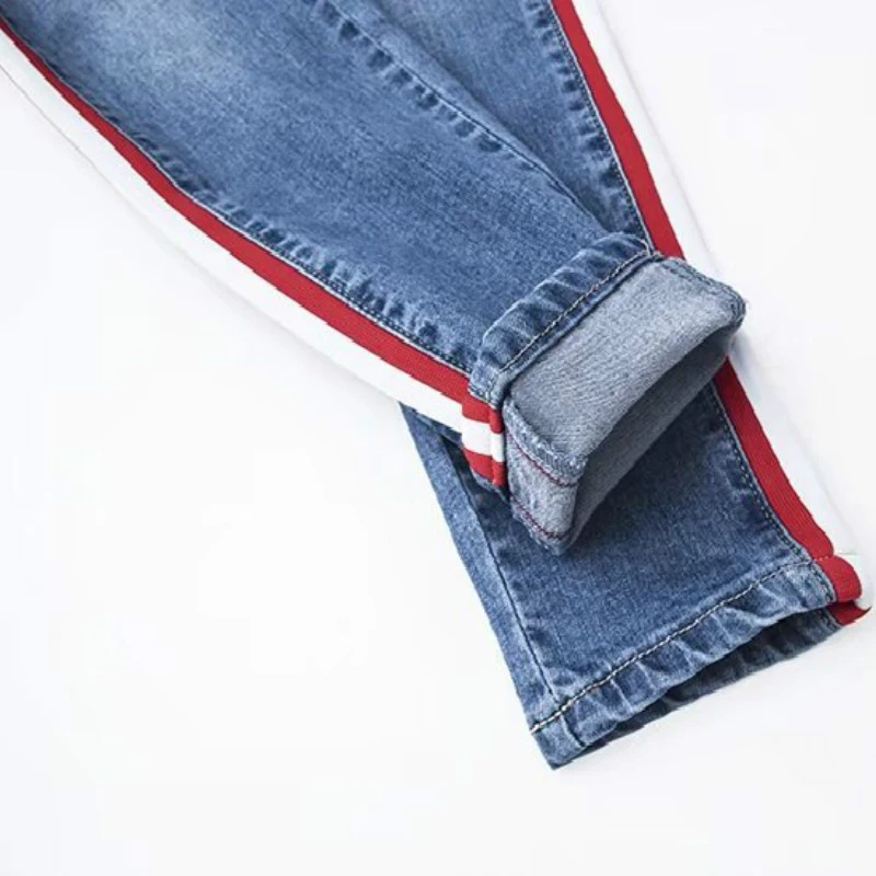 Women High Waist Jeans Ankle-Length Lady Side Striped Patchwork Skinny All Matched Casual Pants Brief Slim Winter |