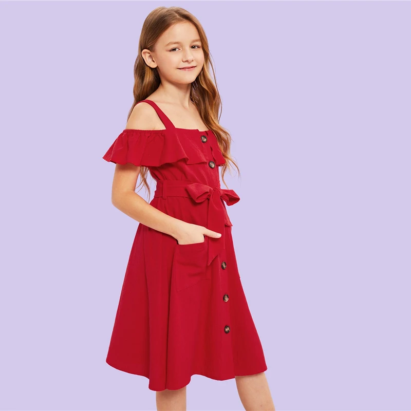 SHEIN/Детское платье-рубашка в стиле бохо с открытыми плечами и рюшами, с поясом г., милое летнее платье до колена на пуговицах спереди, с высокой талией