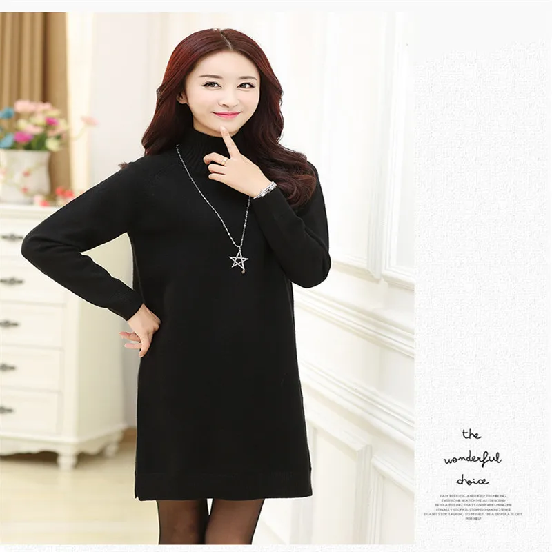 2019 New Winter Loose Big Yards Knitted Sweater Pure Color Side Slit Pullover Turtleneck Warm Long Women A1496 | Женская одежда