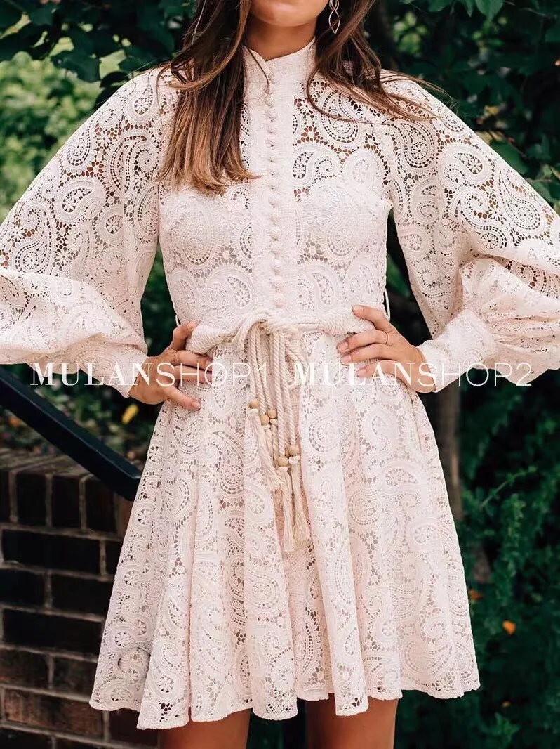 woman ladies fashion lace lantern long sleeve dress
