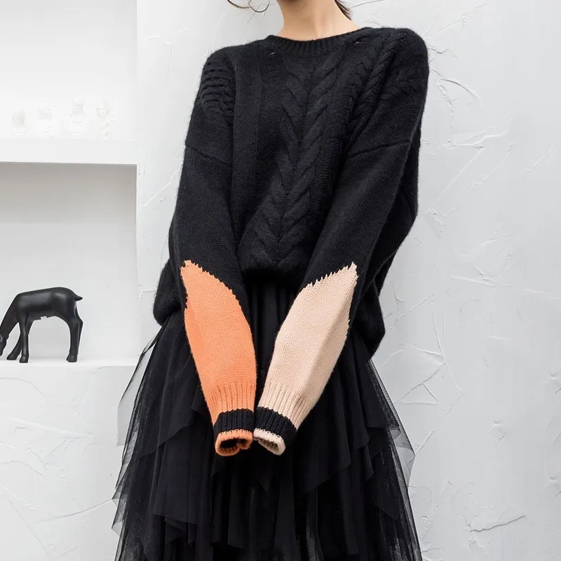 TWOTWINSTYLE Patchwork Knitting Sweater For Women Long Sleeve Hollow Out Hit Colors Pullover Female 2019 Autumn Casual Fashion | Женская