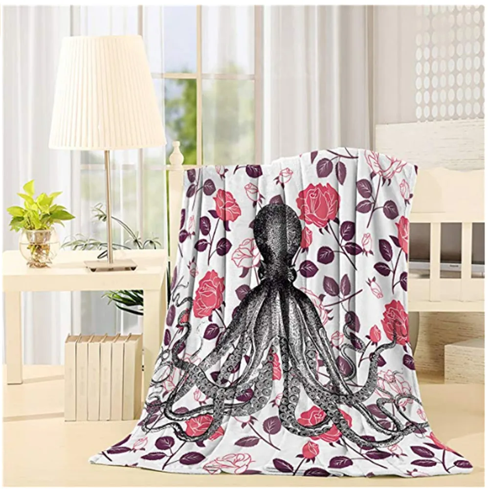 Flannel Blanket Lightweight Cozy Bed Sofa Blankets Super Soft Fabric Octopus and Flowers Background | Дом и сад